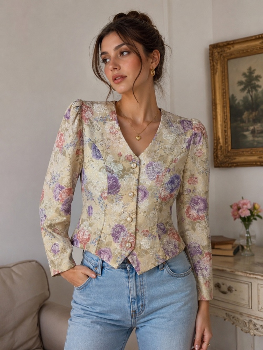 Vintage Floral Puff Sleeve Tapestry Blazer Princess Brocade Bridgerton Fairycore